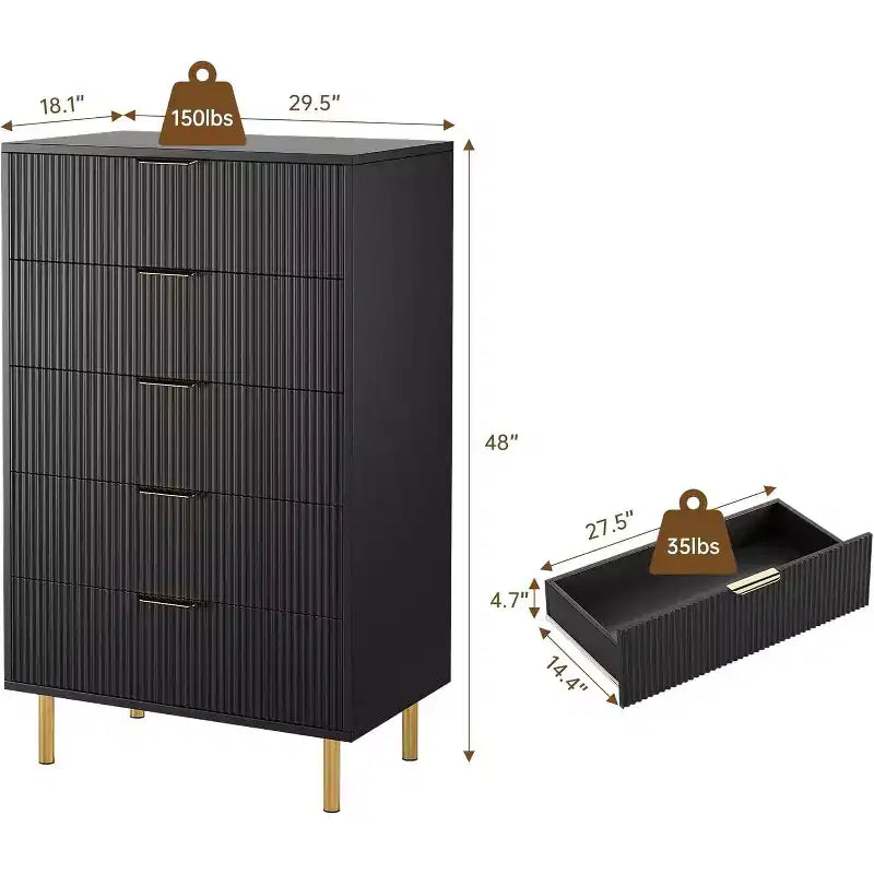 Cassettiera a 5 cassetti Zstar per camera da letto, con maniglie in metallo dorato