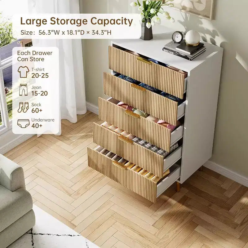 Cassettiera a 5 cassetti Zstar per camera da letto, con maniglie in metallo dorato