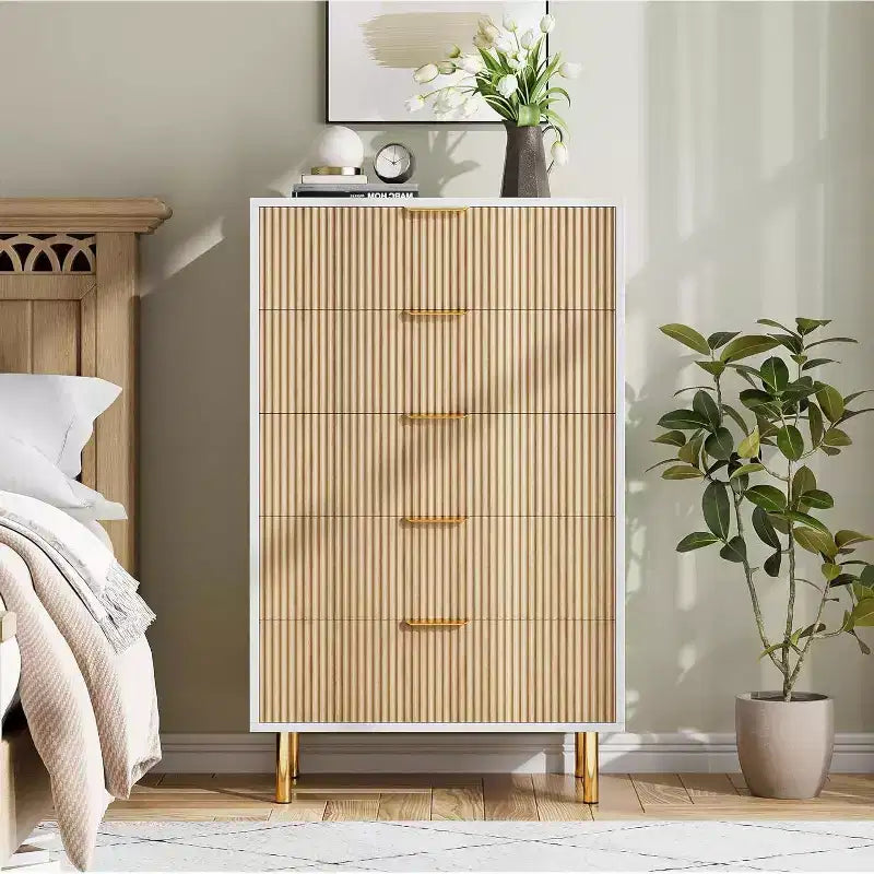 Cassettiera a 5 cassetti Zstar per camera da letto, con maniglie in metallo dorato