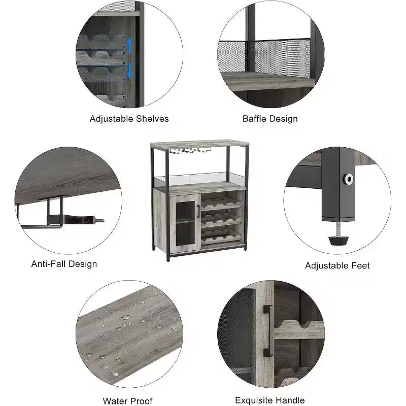 Meuble de Bar à Café et à Vins avec Rangement et Étagère Amovible, Buffet de Ferme et Meuble de Rangement avec Porte-Verres et Porte Grillagée