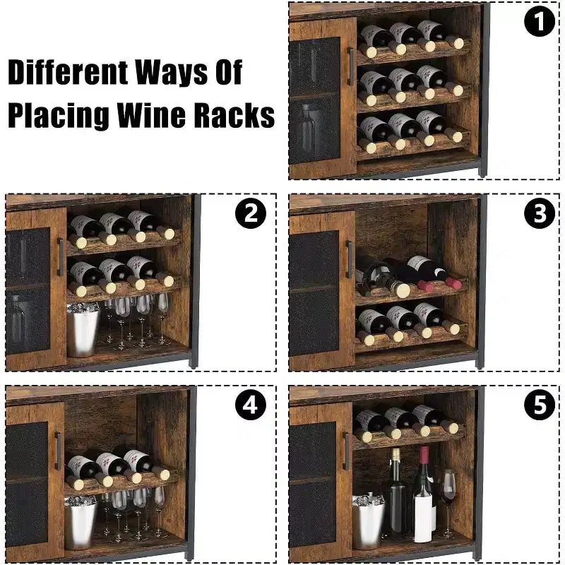 Meuble de Bar à Café et à Vins avec Rangement et Étagère Amovible, Buffet de Ferme et Meuble de Rangement avec Porte-Verres et Porte Grillagée