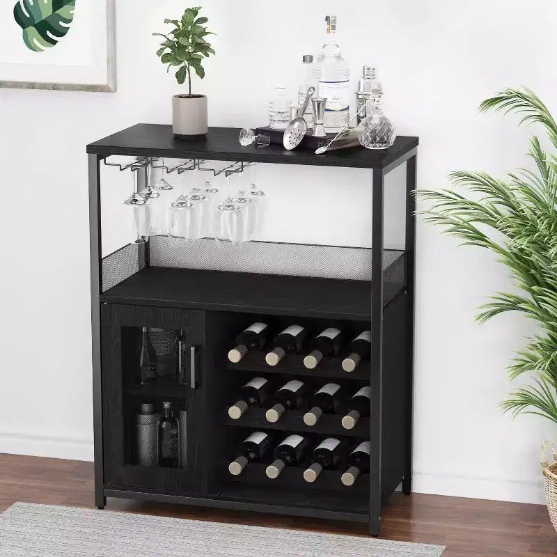 Meuble de Bar à Café et à Vins avec Rangement et Étagère Amovible, Buffet de Ferme et Meuble de Rangement avec Porte-Verres et Porte Grillagée