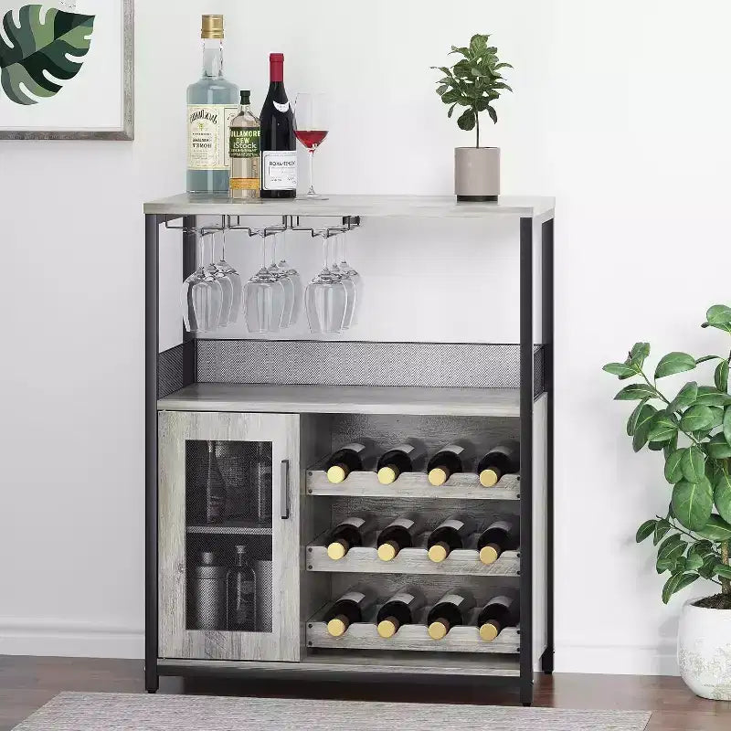 Meuble de Bar à Café et à Vins avec Rangement et Étagère Amovible, Buffet de Ferme et Meuble de Rangement avec Porte-Verres et Porte Grillagée
