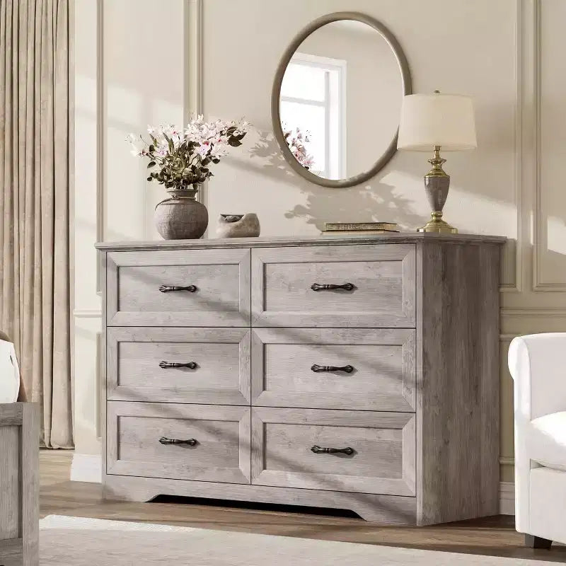 Chest of Drawer with Metal Handles, 6 Drawer Dresser, Modern Storage Organizer, Anti-collapse Design
