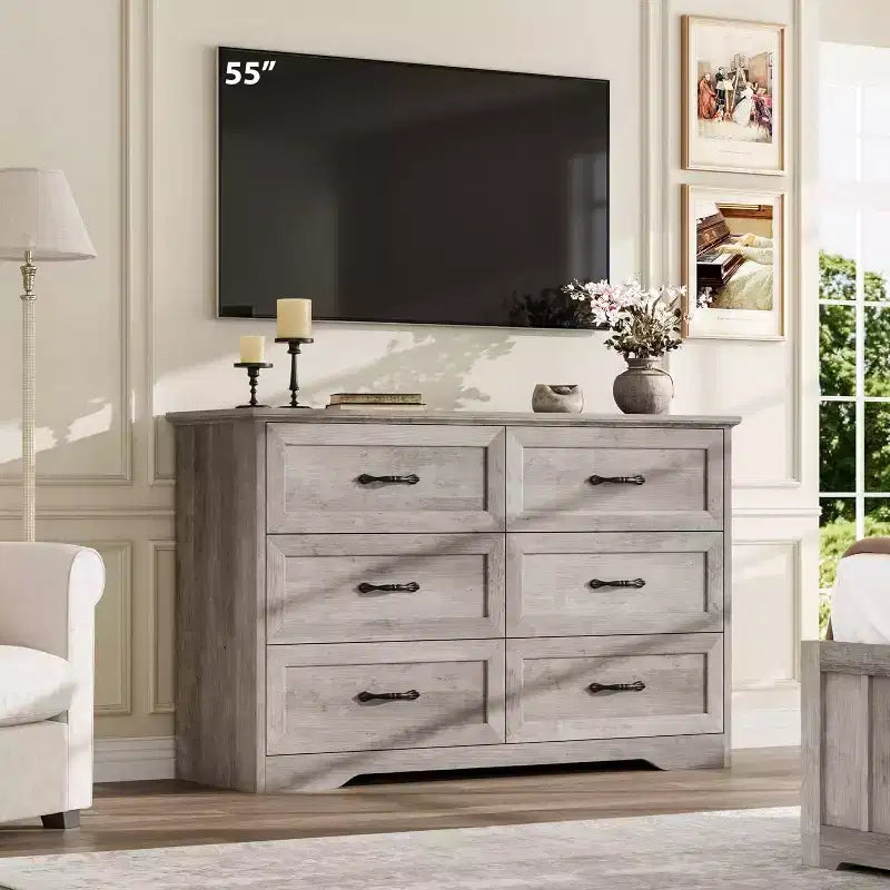 Commode avec poignées en métal, chiffonnier à 6 tiroirs, organisateur de rangement moderne, conception anti-basculement