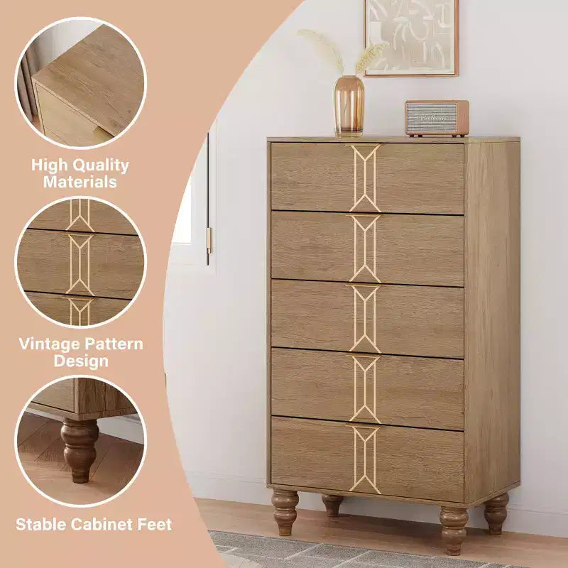 Mobiletto in legno con motivo vintage, cassettiera con cassetti profondi per camera da letto, soggiorno