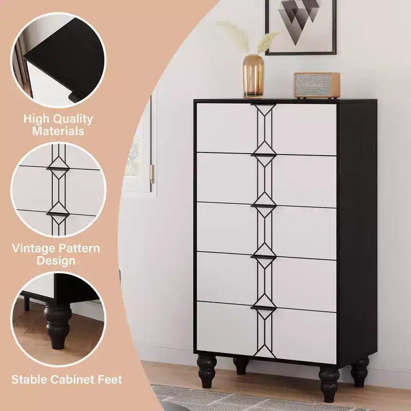 Mobiletto in legno con motivo vintage, cassettiera con cassetti profondi per camera da letto, soggiorno