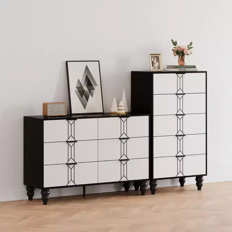 Mobiletto in legno con motivo vintage, cassettiera con cassetti profondi per camera da letto, soggiorno