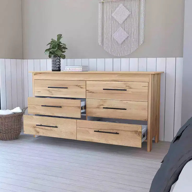 Okak Modern 6 Drawer Double Dresser, 31.7 Tall Storage Cabinet with Metal Gliders & Elevated Base,Bedroom Dresser for Clothes Organization, Oak