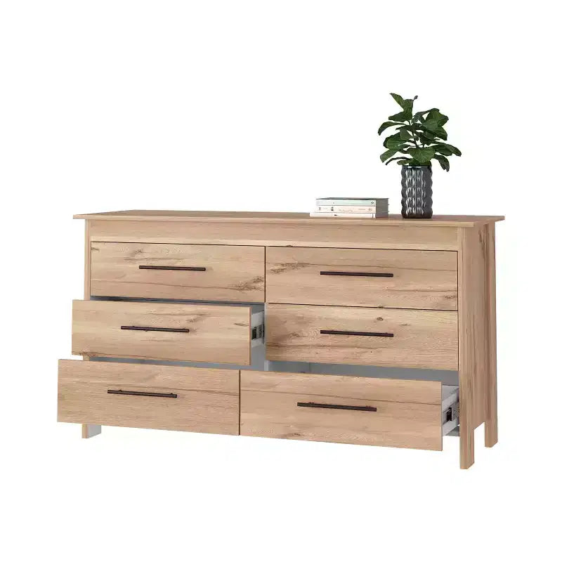 Cassettiera doppia moderna Okak a 6 cassetti, armadietto alto 80,5 cm con guide in metallo e base rialzata, cassettiera da camera da letto per l'organizzazione dei vestiti, rovere