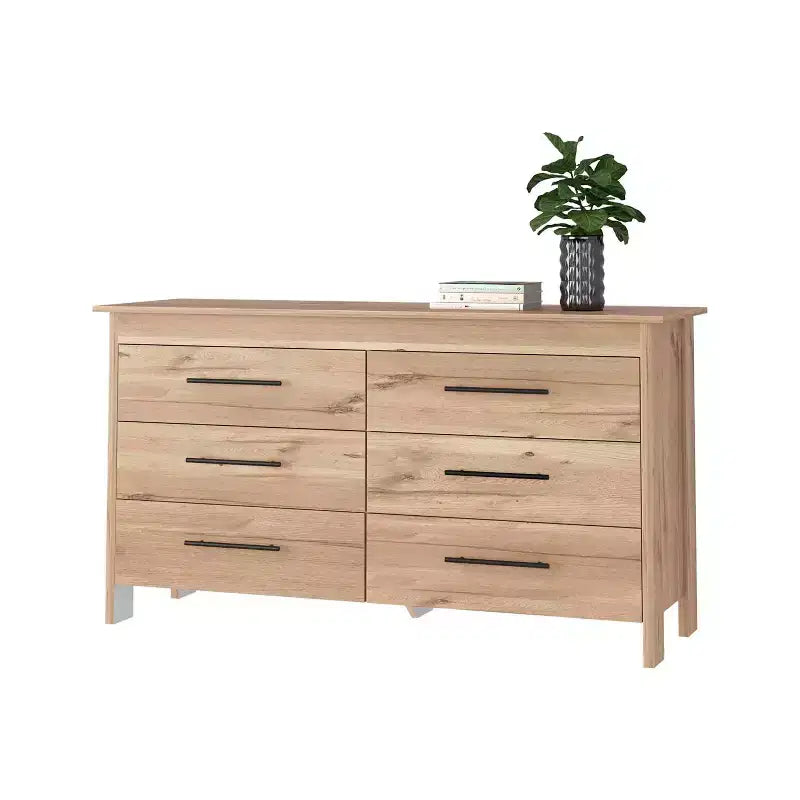 Cassettiera doppia moderna Okak a 6 cassetti, armadietto alto 80,5 cm con guide in metallo e base rialzata, cassettiera da camera da letto per l'organizzazione dei vestiti, rovere
