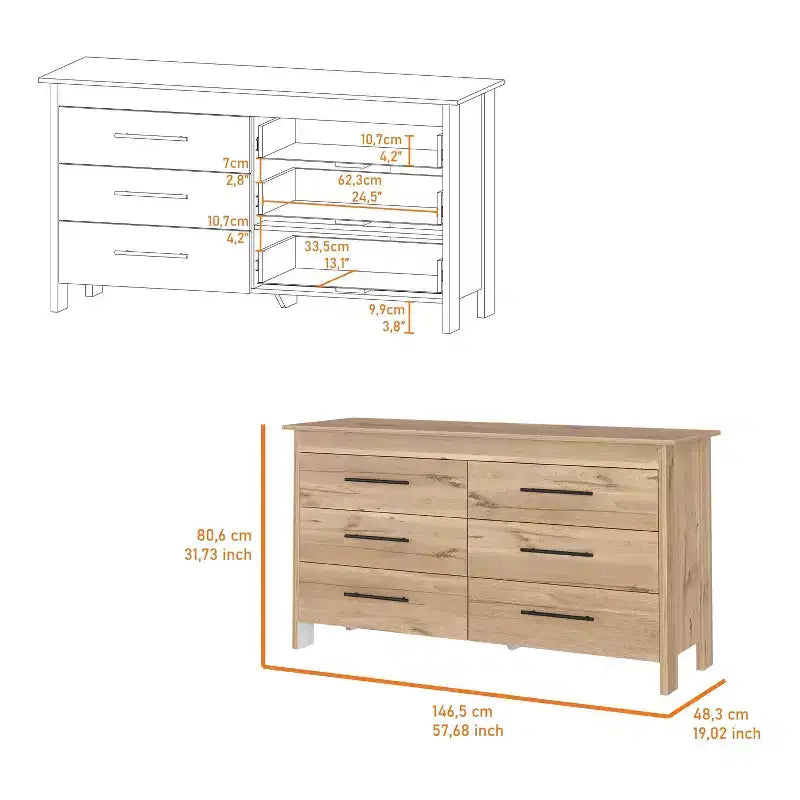 Cassettiera doppia moderna Okak a 6 cassetti, armadietto alto 80,5 cm con guide in metallo e base rialzata, cassettiera da camera da letto per l'organizzazione dei vestiti, rovere