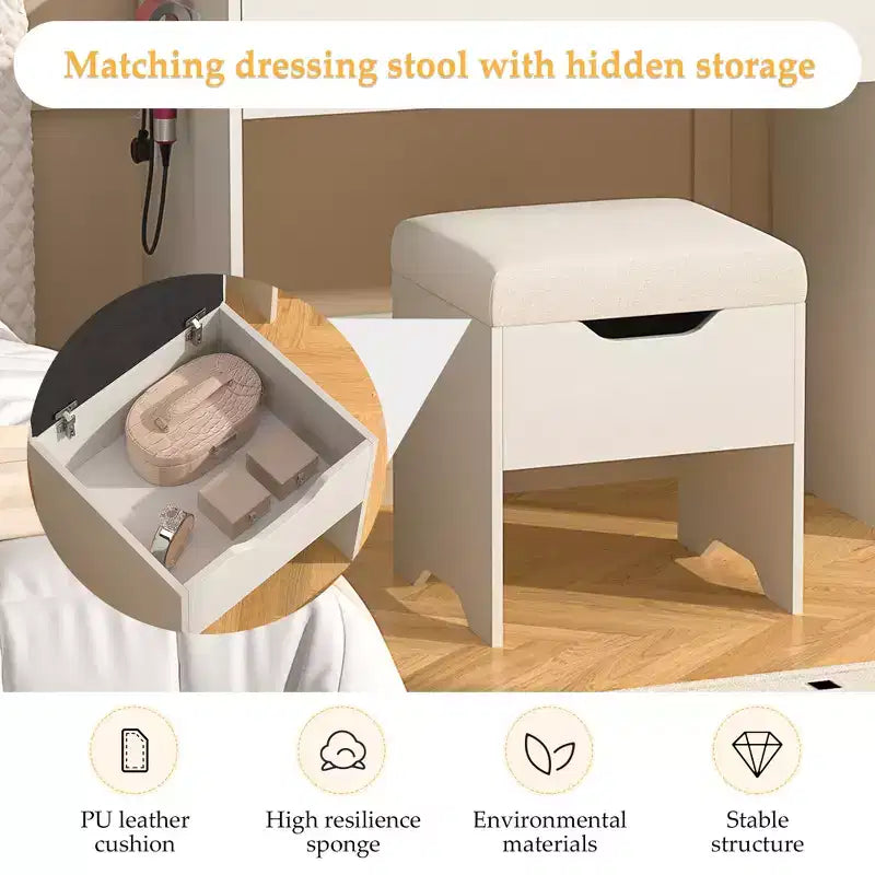 Coiffeuse VECELO avec miroir LED lumineux et prise de courant, table de maquillage avec grand tiroir, tabouret de rangement et support pour sèche-cheveux pour chambre, blanc