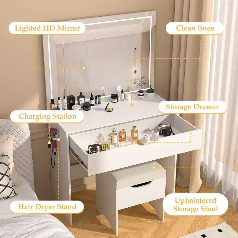 Coiffeuse VECELO avec miroir LED lumineux et prise de courant, table de maquillage avec grand tiroir, tabouret de rangement et support pour sèche-cheveux pour chambre, blanc
