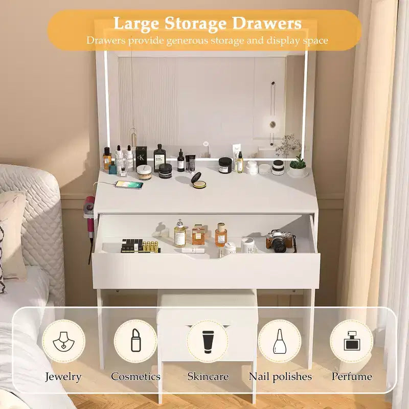 Coiffeuse VECELO avec miroir LED lumineux et prise de courant, table de maquillage avec grand tiroir, tabouret de rangement et support pour sèche-cheveux pour chambre, blanc