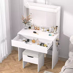 Coiffeuse VECELO avec miroir LED lumineux et prise de courant, table de maquillage avec grand tiroir, tabouret de rangement et support pour sèche-cheveux pour chambre, blanc
