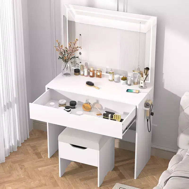 Coiffeuse VECELO avec miroir LED lumineux et prise de courant, table de maquillage avec grand tiroir, tabouret de rangement et support pour sèche-cheveux pour chambre, blanc