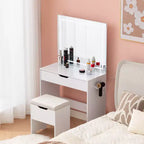 Coiffeuse VECELO avec miroir LED lumineux et prise de courant, table de maquillage avec grand tiroir, tabouret de rangement et support pour sèche-cheveux pour chambre, blanc