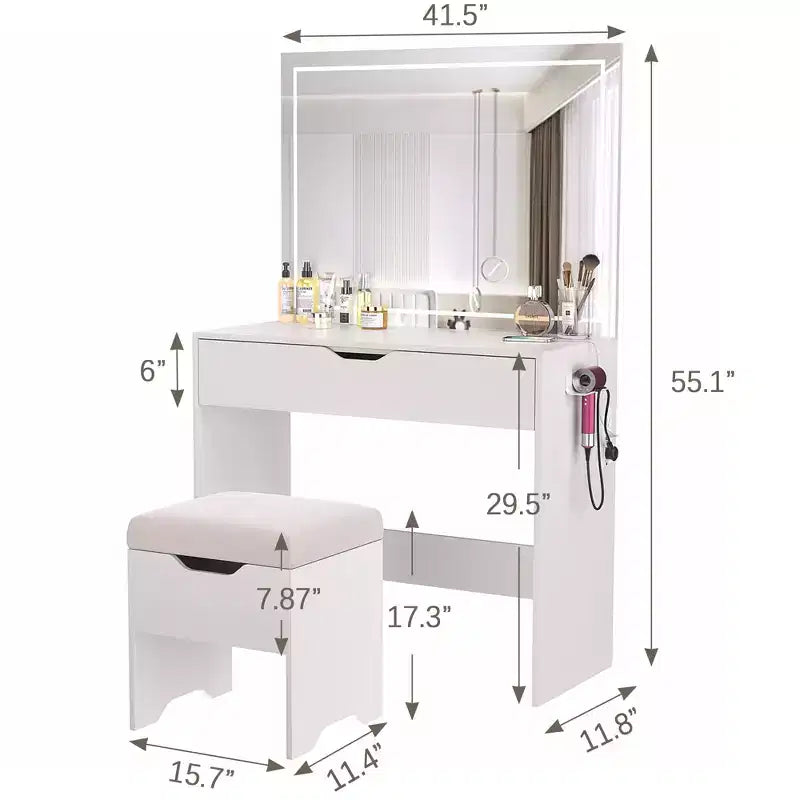 Coiffeuse VECELO avec miroir LED lumineux et prise de courant, table de maquillage avec grand tiroir, tabouret de rangement et support pour sèche-cheveux pour chambre, blanc