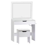 Coiffeuse VECELO avec miroir LED lumineux et prise de courant, table de maquillage avec grand tiroir, tabouret de rangement et support pour sèche-cheveux pour chambre, blanc