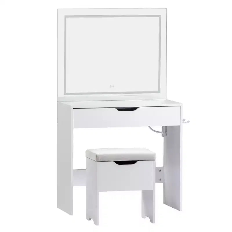 Coiffeuse VECELO avec miroir LED lumineux et prise de courant, table de maquillage avec grand tiroir, tabouret de rangement et support pour sèche-cheveux pour chambre, blanc