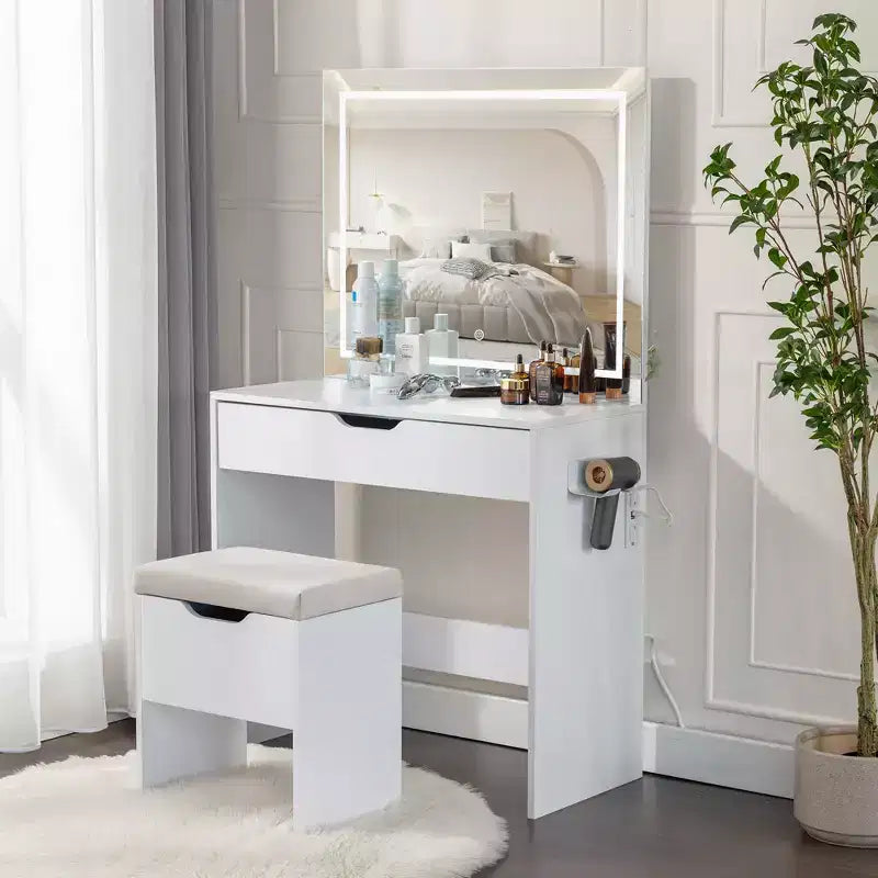 Coiffeuse VECELO avec miroir LED lumineux et prise de courant, table de maquillage avec grand tiroir, tabouret de rangement et support pour sèche-cheveux pour chambre, blanc