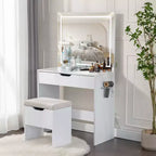 Coiffeuse VECELO avec miroir LED lumineux et prise de courant, table de maquillage avec grand tiroir, tabouret de rangement et support pour sèche-cheveux pour chambre, blanc