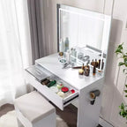 Coiffeuse VECELO avec miroir LED lumineux et prise de courant, table de maquillage avec grand tiroir, tabouret de rangement et support pour sèche-cheveux pour chambre, blanc
