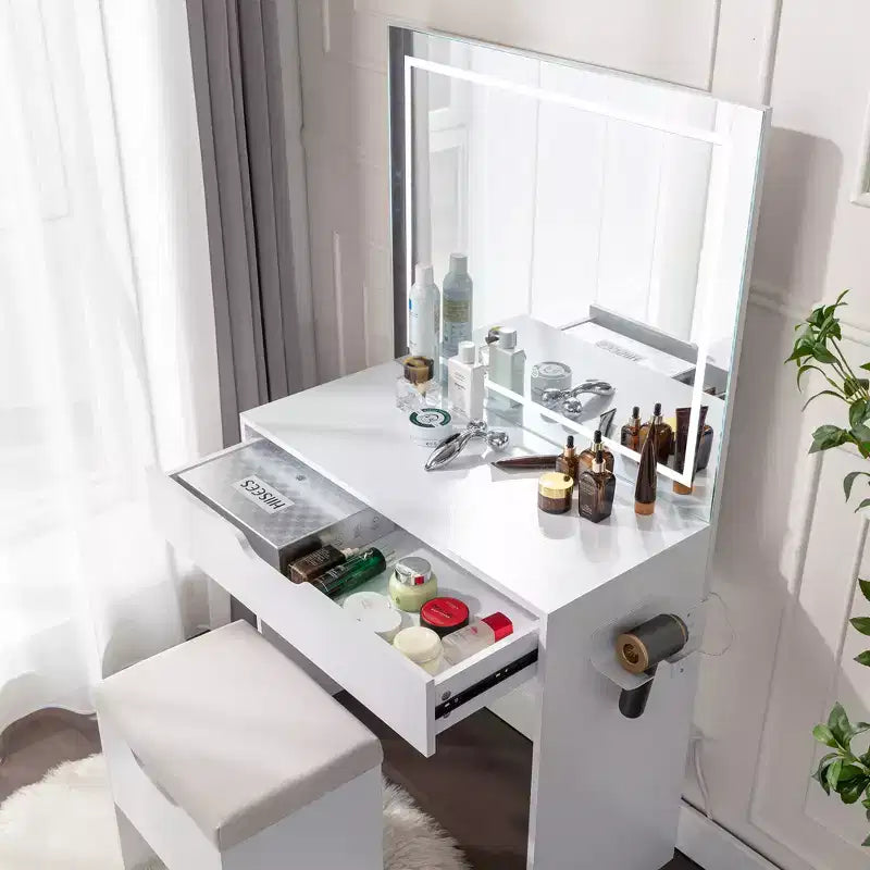 Coiffeuse VECELO avec miroir LED lumineux et prise de courant, table de maquillage avec grand tiroir, tabouret de rangement et support pour sèche-cheveux pour chambre, blanc