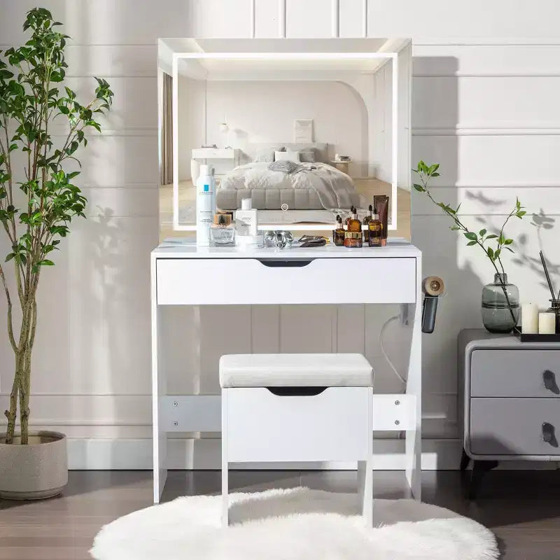 Coiffeuse VECELO avec miroir LED lumineux et prise de courant, table de maquillage avec grand tiroir, tabouret de rangement et support pour sèche-cheveux pour chambre, blanc