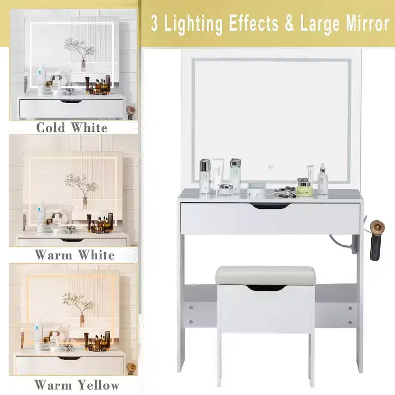 Coiffeuse VECELO avec miroir LED lumineux et prise de courant, table de maquillage avec grand tiroir, tabouret de rangement et support pour sèche-cheveux pour chambre, blanc