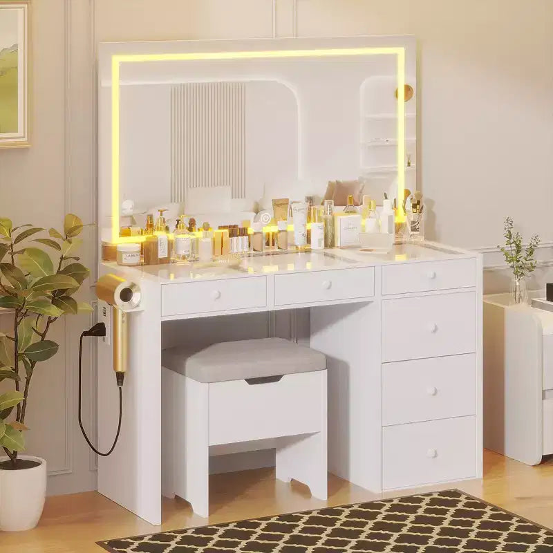 VECELO Coiffeuse avec Miroir éclairé à LED et Prise Électrique, Table de Maquillage avec Tiroirs, Tabouret de Rangement et Support pour Sèche-Cheveux pour Chambre à Coucher, Blanc