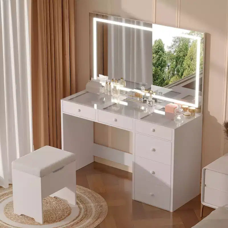 VECELO Coiffeuse avec Miroir éclairé à LED et Prise Électrique, Table de Maquillage avec Tiroirs, Tabouret de Rangement et Support pour Sèche-Cheveux pour Chambre à Coucher, Blanc