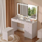 VECELO Coiffeuse avec Miroir éclairé à LED et Prise Électrique, Table de Maquillage avec Tiroirs, Tabouret de Rangement et Support pour Sèche-Cheveux pour Chambre à Coucher, Blanc