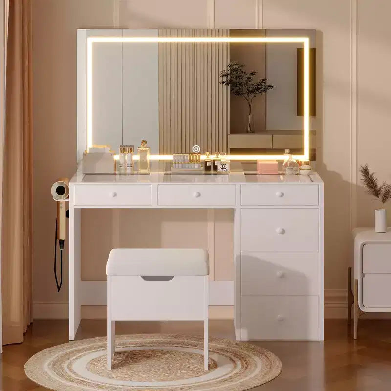 VECELO Coiffeuse avec Miroir éclairé à LED et Prise Électrique, Table de Maquillage avec Tiroirs, Tabouret de Rangement et Support pour Sèche-Cheveux pour Chambre à Coucher, Blanc