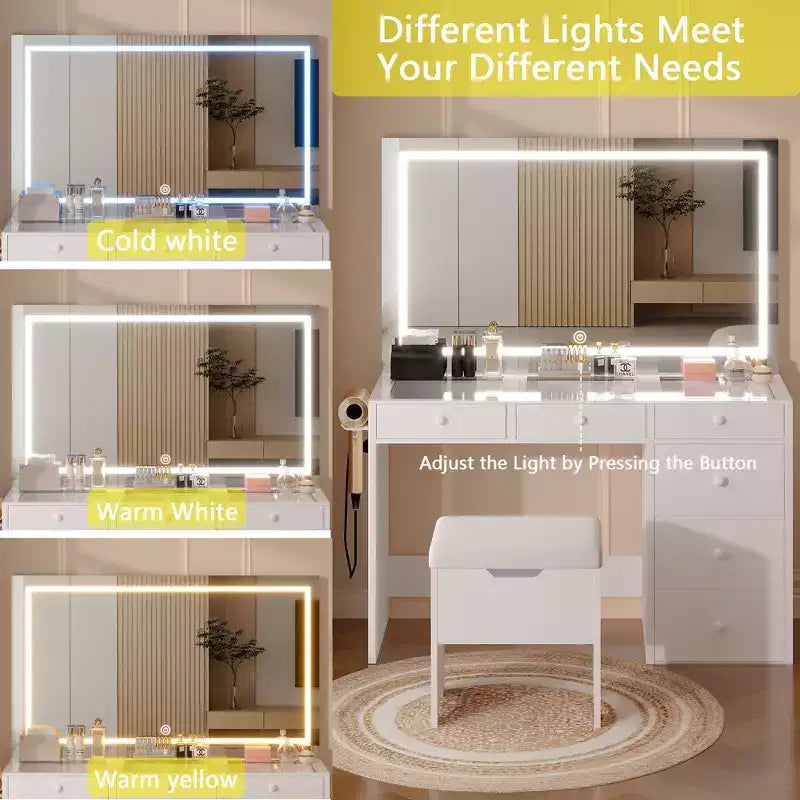 VECELO Coiffeuse avec Miroir éclairé à LED et Prise Électrique, Table de Maquillage avec Tiroirs, Tabouret de Rangement et Support pour Sèche-Cheveux pour Chambre à Coucher, Blanc