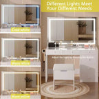 VECELO Coiffeuse avec Miroir éclairé à LED et Prise Électrique, Table de Maquillage avec Tiroirs, Tabouret de Rangement et Support pour Sèche-Cheveux pour Chambre à Coucher, Blanc
