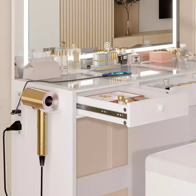 VECELO Coiffeuse avec Miroir éclairé à LED et Prise Électrique, Table de Maquillage avec Tiroirs, Tabouret de Rangement et Support pour Sèche-Cheveux pour Chambre à Coucher, Blanc