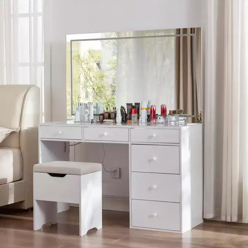 VECELO Coiffeuse avec Miroir éclairé à LED et Prise Électrique, Table de Maquillage avec Tiroirs, Tabouret de Rangement et Support pour Sèche-Cheveux pour Chambre à Coucher, Blanc