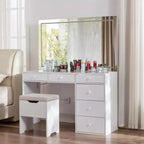 VECELO Coiffeuse avec Miroir éclairé à LED et Prise Électrique, Table de Maquillage avec Tiroirs, Tabouret de Rangement et Support pour Sèche-Cheveux pour Chambre à Coucher, Blanc
