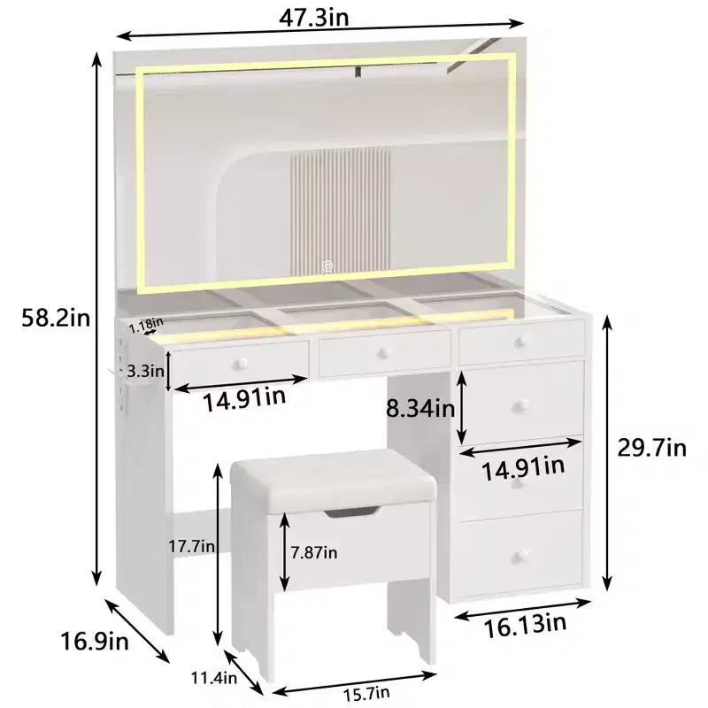 VECELO Coiffeuse avec Miroir éclairé à LED et Prise Électrique, Table de Maquillage avec Tiroirs, Tabouret de Rangement et Support pour Sèche-Cheveux pour Chambre à Coucher, Blanc