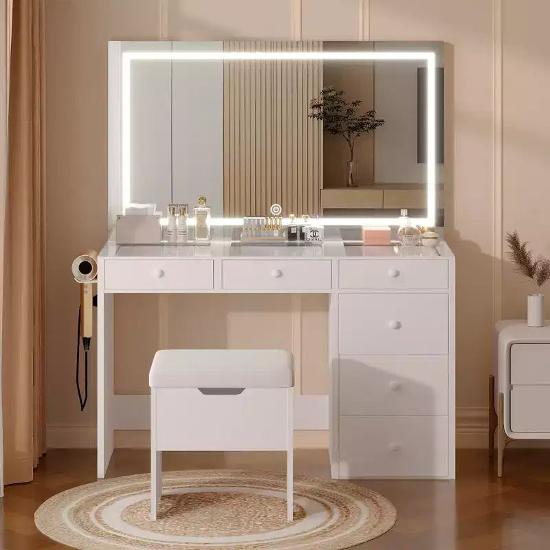 VECELO Coiffeuse avec Miroir éclairé à LED et Prise Électrique, Table de Maquillage avec Tiroirs, Tabouret de Rangement et Support pour Sèche-Cheveux pour Chambre à Coucher, Blanc
