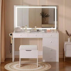 VECELO Coiffeuse avec Miroir éclairé à LED et Prise Électrique, Table de Maquillage avec Tiroirs, Tabouret de Rangement et Support pour Sèche-Cheveux pour Chambre à Coucher, Blanc