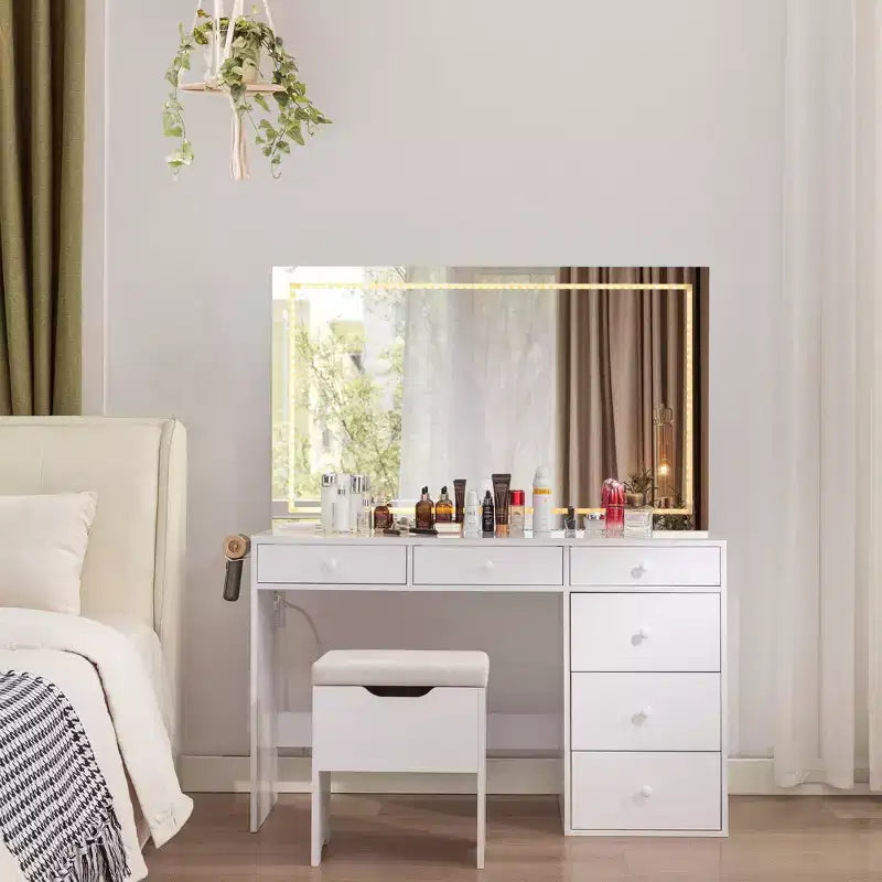 VECELO Coiffeuse avec Miroir éclairé à LED et Prise Électrique, Table de Maquillage avec Tiroirs, Tabouret de Rangement et Support pour Sèche-Cheveux pour Chambre à Coucher, Blanc