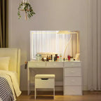 VECELO Coiffeuse avec Miroir éclairé à LED et Prise Électrique, Table de Maquillage avec Tiroirs, Tabouret de Rangement et Support pour Sèche-Cheveux pour Chambre à Coucher, Blanc