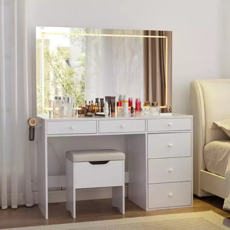 VECELO Coiffeuse avec Miroir éclairé à LED et Prise Électrique, Table de Maquillage avec Tiroirs, Tabouret de Rangement et Support pour Sèche-Cheveux pour Chambre à Coucher, Blanc