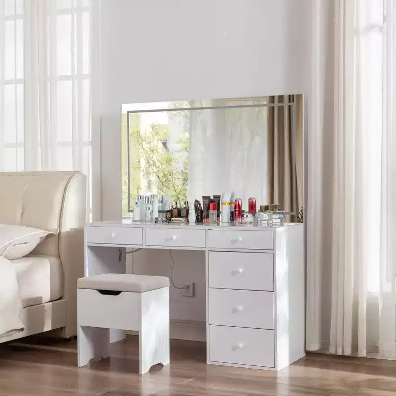 VECELO Coiffeuse avec Miroir éclairé à LED et Prise Électrique, Table de Maquillage avec Tiroirs, Tabouret de Rangement et Support pour Sèche-Cheveux pour Chambre à Coucher, Blanc