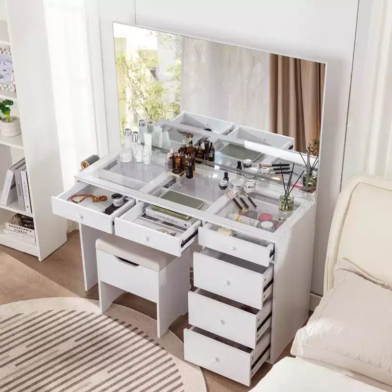 VECELO Coiffeuse avec Miroir éclairé à LED et Prise Électrique, Table de Maquillage avec Tiroirs, Tabouret de Rangement et Support pour Sèche-Cheveux pour Chambre à Coucher, Blanc
