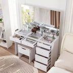 VECELO Coiffeuse avec Miroir éclairé à LED et Prise Électrique, Table de Maquillage avec Tiroirs, Tabouret de Rangement et Support pour Sèche-Cheveux pour Chambre à Coucher, Blanc