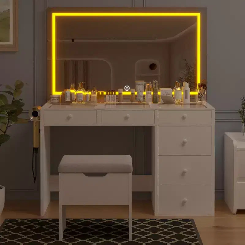 VECELO Coiffeuse avec Miroir éclairé à LED et Prise Électrique, Table de Maquillage avec Tiroirs, Tabouret de Rangement et Support pour Sèche-Cheveux pour Chambre à Coucher, Blanc
